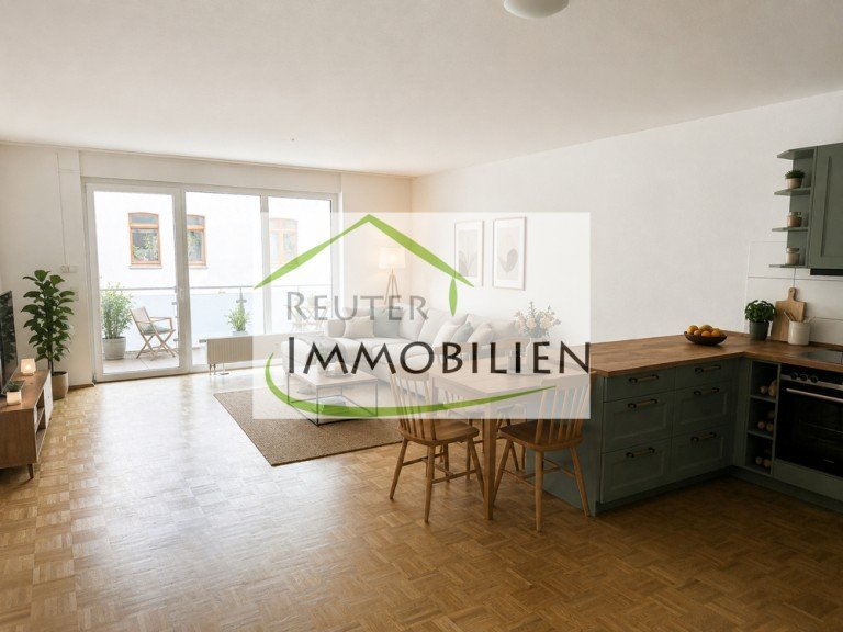 NEU zur Vermietung in Bochum Linden - Wohnzimmer - KI-m�bliert - Reuter Immobilien - Immobilienmakler Bochum Etagenwohnung *** 2 Zimmer mit Balkon - Barrierefrei mitten in BO-Linden! ***