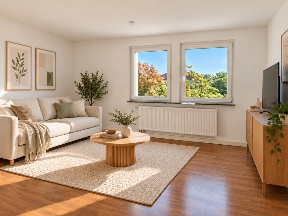 NEU zur Vermietung in Herne-R�hlinghausen - Wohnzimmer KI generiert - Reuter Immobilien _ Immobilienmakler (4) Etagenwohnung Herne / R�hlinghausen