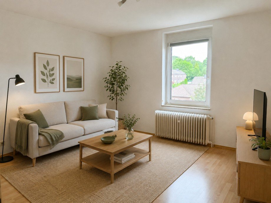 NEU zur Vermietung in Bochum Linden - Wohnzimmer - KI-M�bliert - Reuter Immobilien - Immobilienmakler Etagenwohnung Bochum
